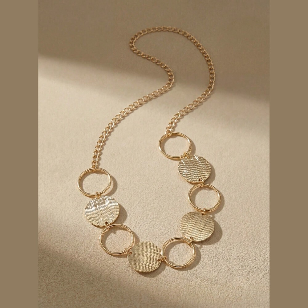 Gold Textured Disc & Ring Statement Sautoir Necklace